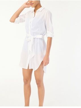 J. Crew White Collared Beach Button Shirt Dress Sheer Coverup Waist Tie